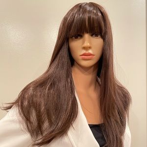 long BROWN wig straight bangs hair high low ends 18” NWT natural wig